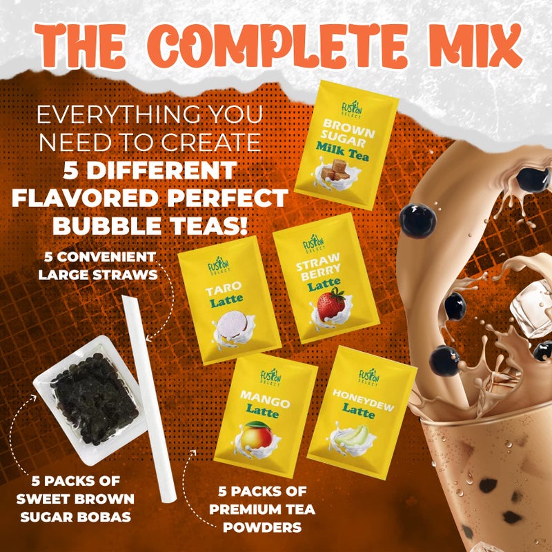 Fusion Select 5 Packs Taro, Mango, Honeydew, Strawberry Bubble Tea Kit Set With Extra Rich Tapioca Pearls, Straws - Image 5